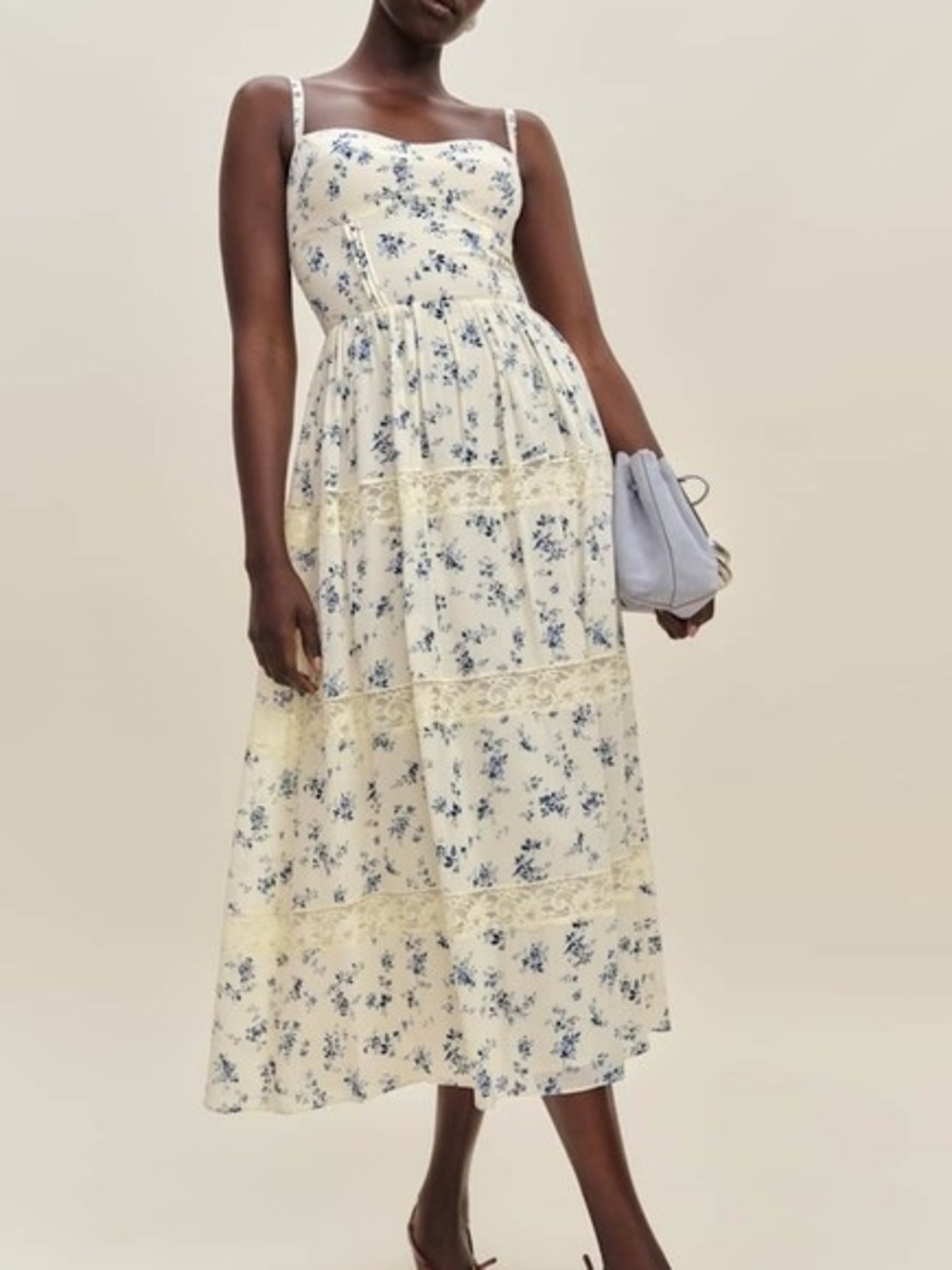 Floral Lace-Trim Midi Dress in Cream and Blue